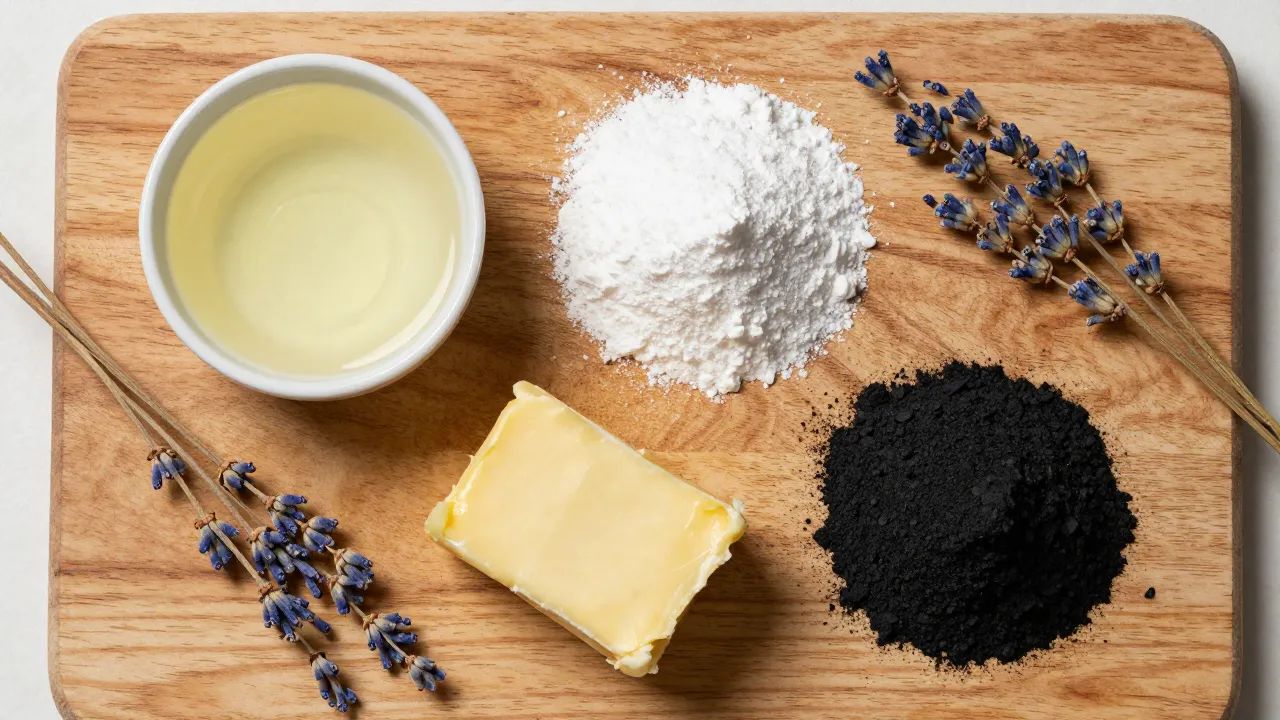 Overhead flat lay of natural deodorant ingredients: coconut oil, baking soda, shea butter, charcoal, lavender