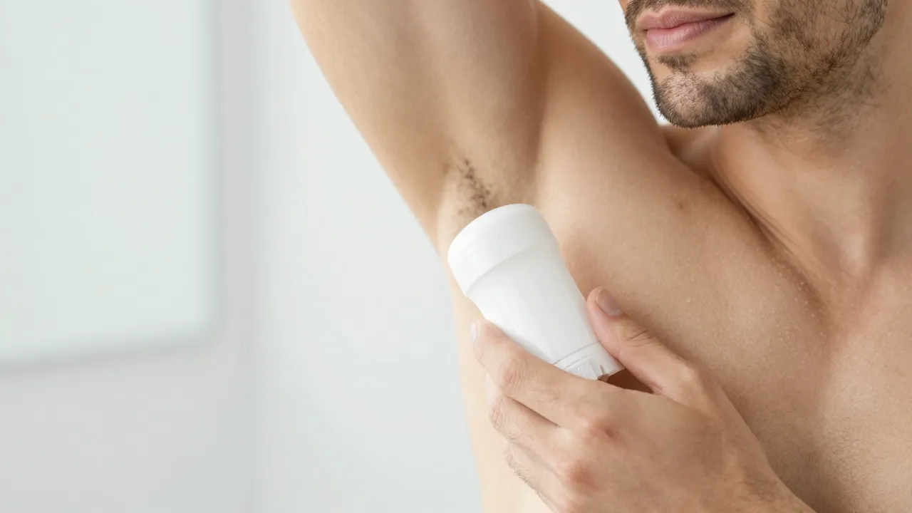 Close-up of man applying natural stick deodorant in a clean bright bathroom