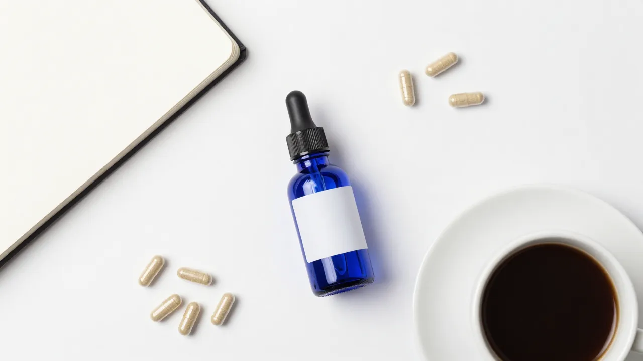 Flat lay of biohacking supplements on white desk: blue glass dropper, nootropic capsules, journal, black coffee