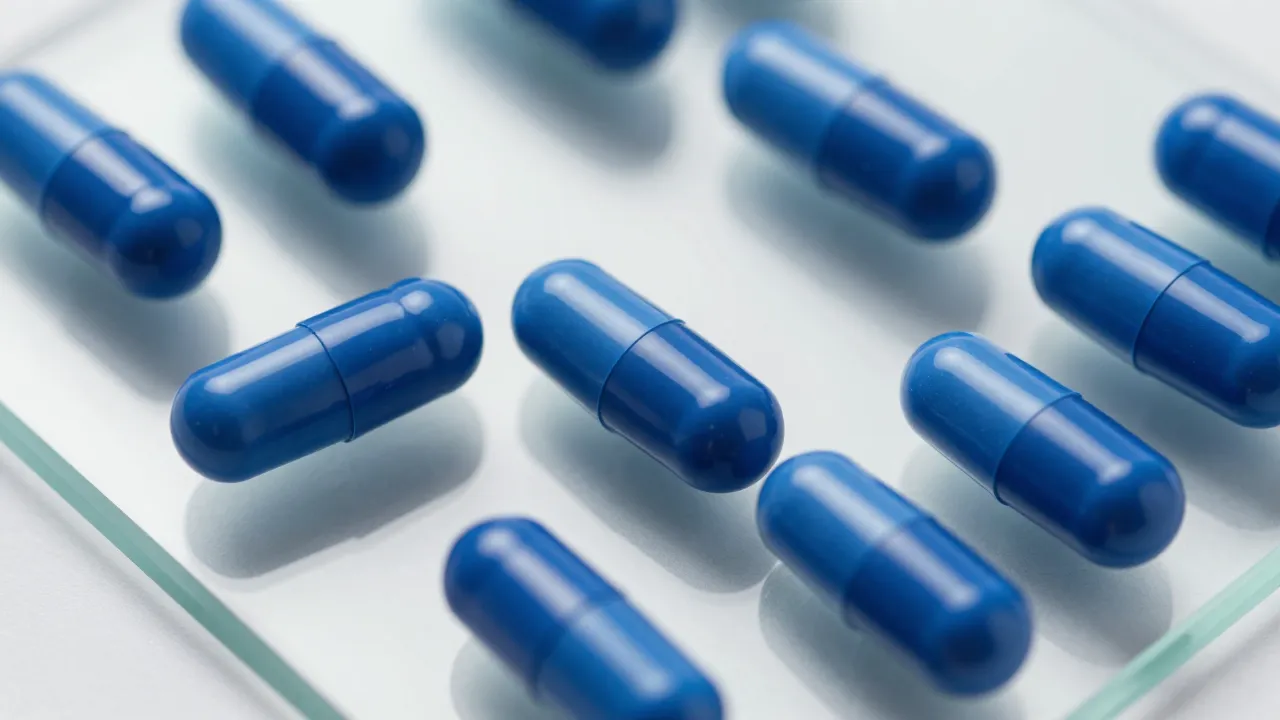 Deep blue supplement capsules arranged in geometric pattern on frosted glass with soft diffused lighting