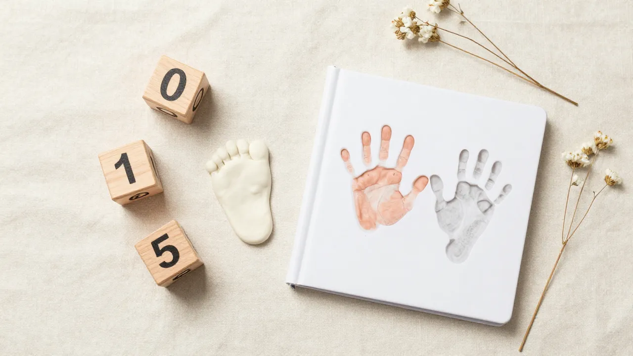 Flat lay of baby milestone essentials: wooden age blocks, memory book, hand print clay kit, dried flowers on cream linen