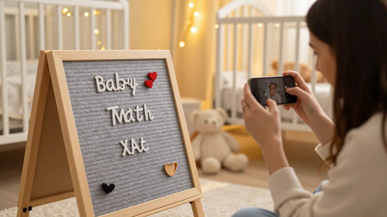 Mother photographing baby next to felt letter board in cozy nursery with fairy lights