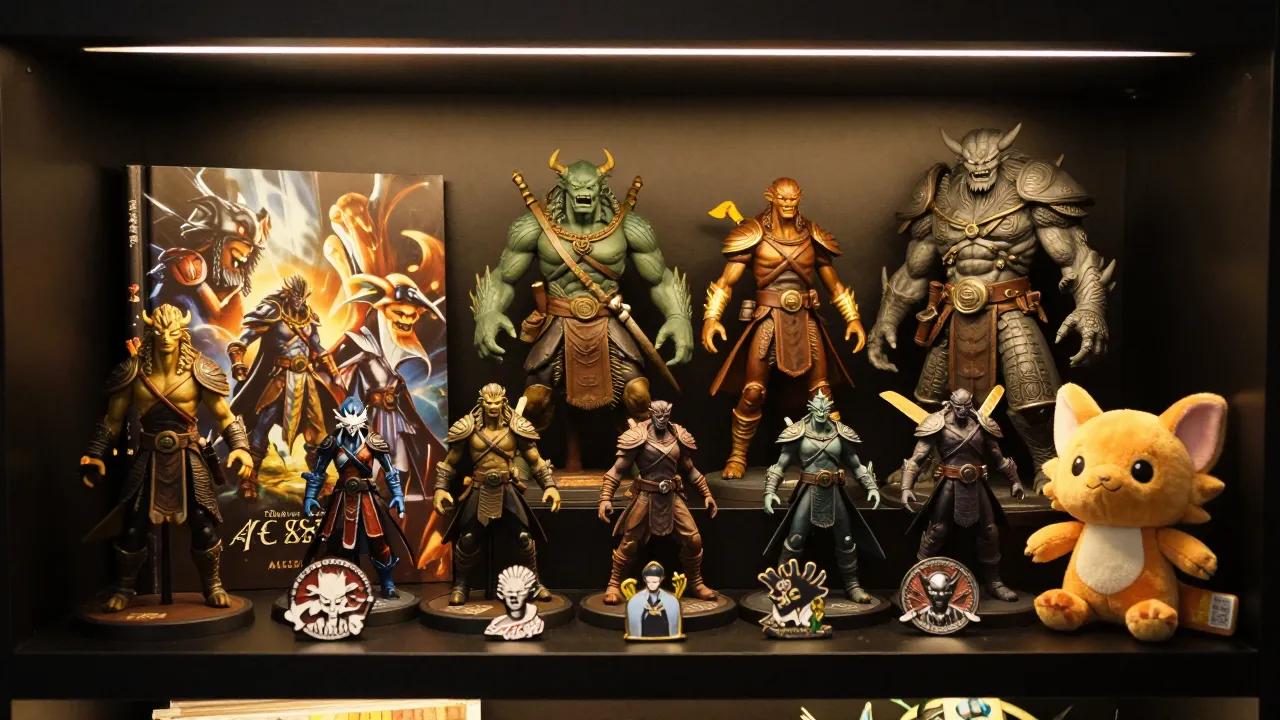 Fantasy gaming merchandise collection on shelf: action figures, artbook, enamel pins, and plush creature toy