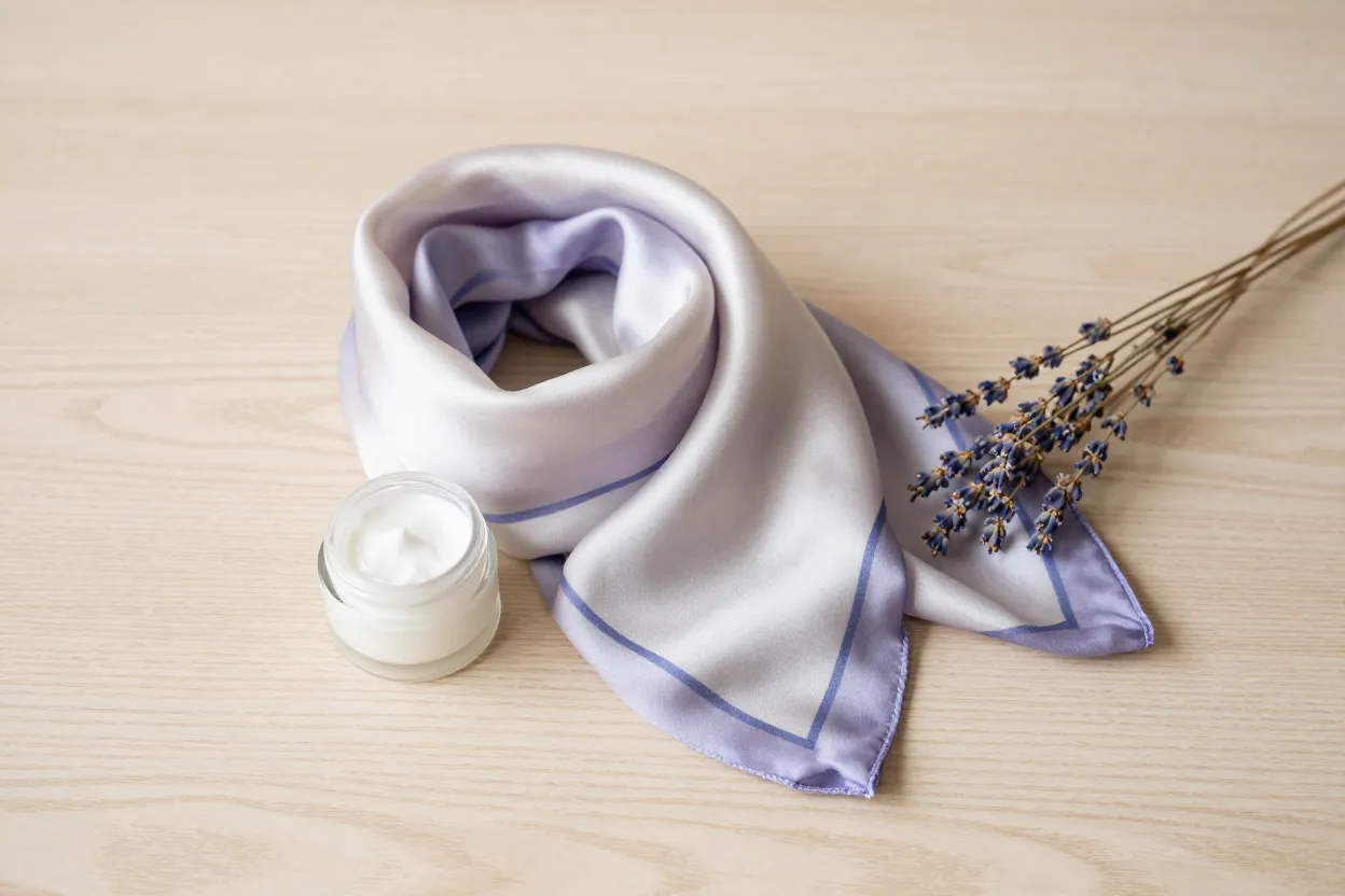Editorial still-life of a silk scarf folded beside a small glass jar of hand cream and dried lavender on pale oak