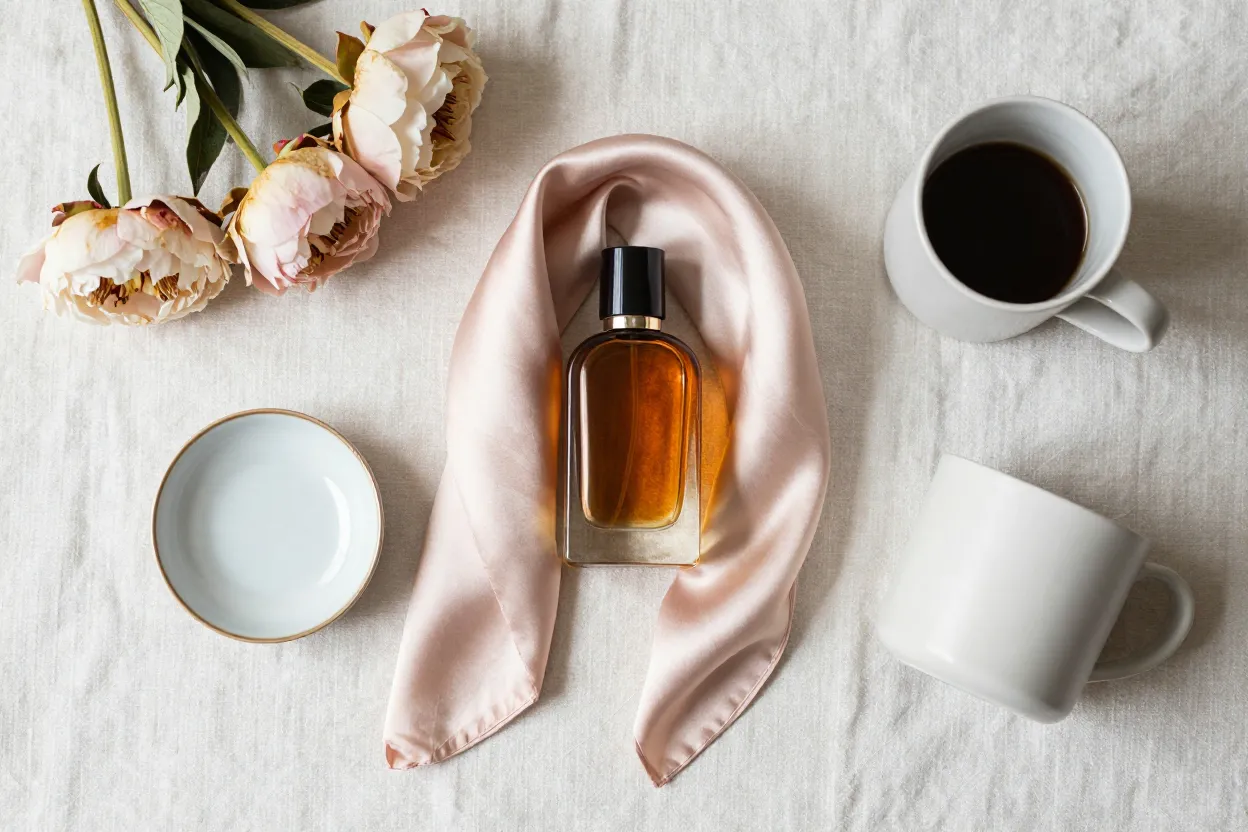 Overhead flat-lay on pale linen of curated Mother’s Day gifts — amber glass perfume bottle, porcelain jewelry dish, folded silk scarf in blush, dried peonies, matte ceramic mug
