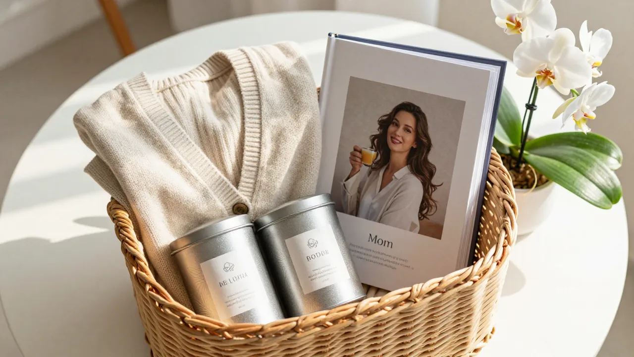 Personalized gift basket for mom with cozy cardigan, tea sampler, photo album, and potted orchid