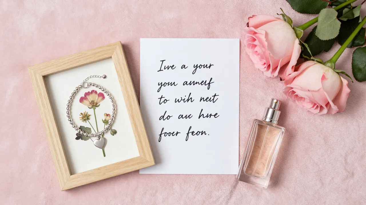 Heartfelt daughter-to-mom gifts on pink blanket with charm bracelet, pressed flower frame, and garden roses