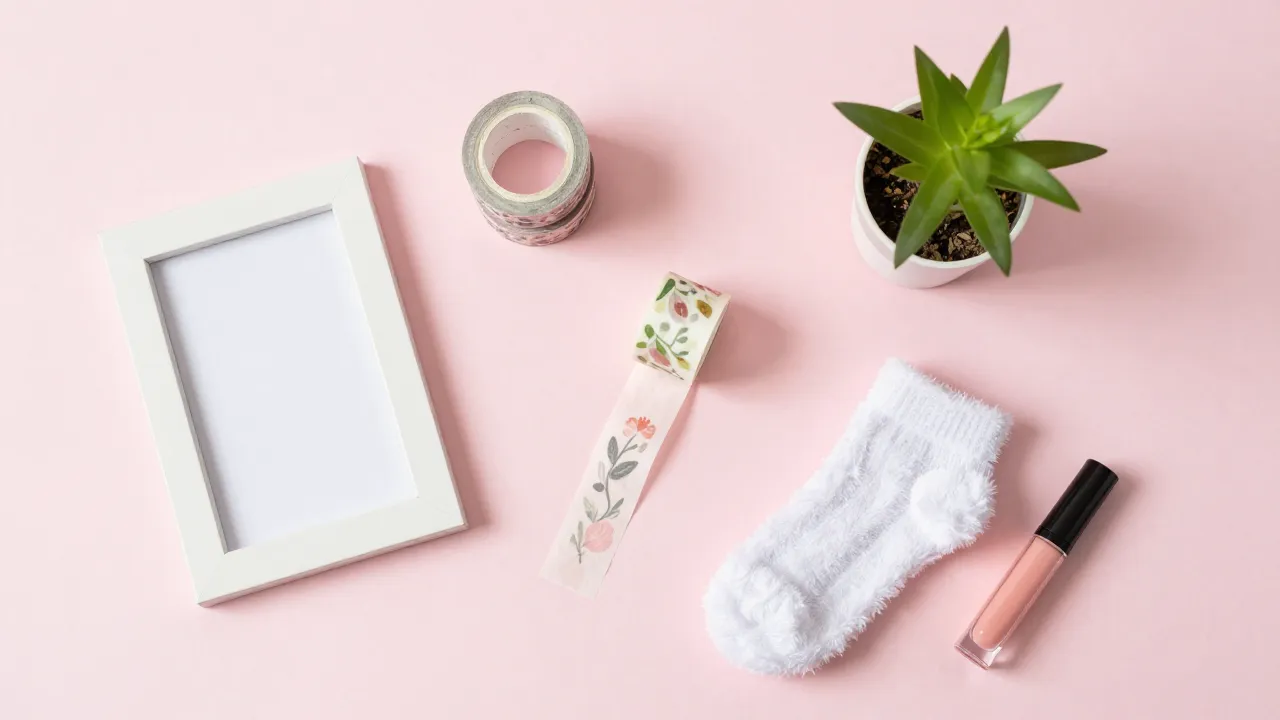 Cute inexpensive gifts flat-lay with mini photo frame, washi tape, plant propagation station, and fuzzy socks