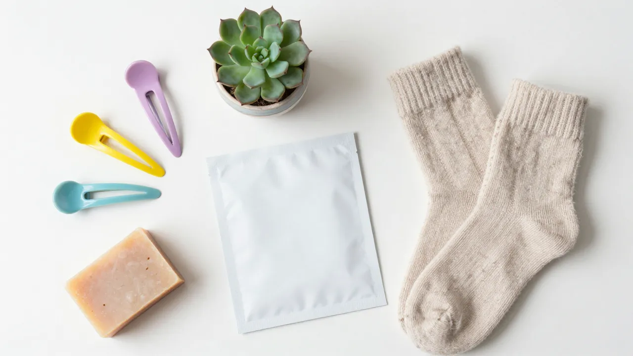 Budget-friendly gift flat-lay with colorful hair clips, painted succulent pot, face mask, cozy socks, and artisan soap