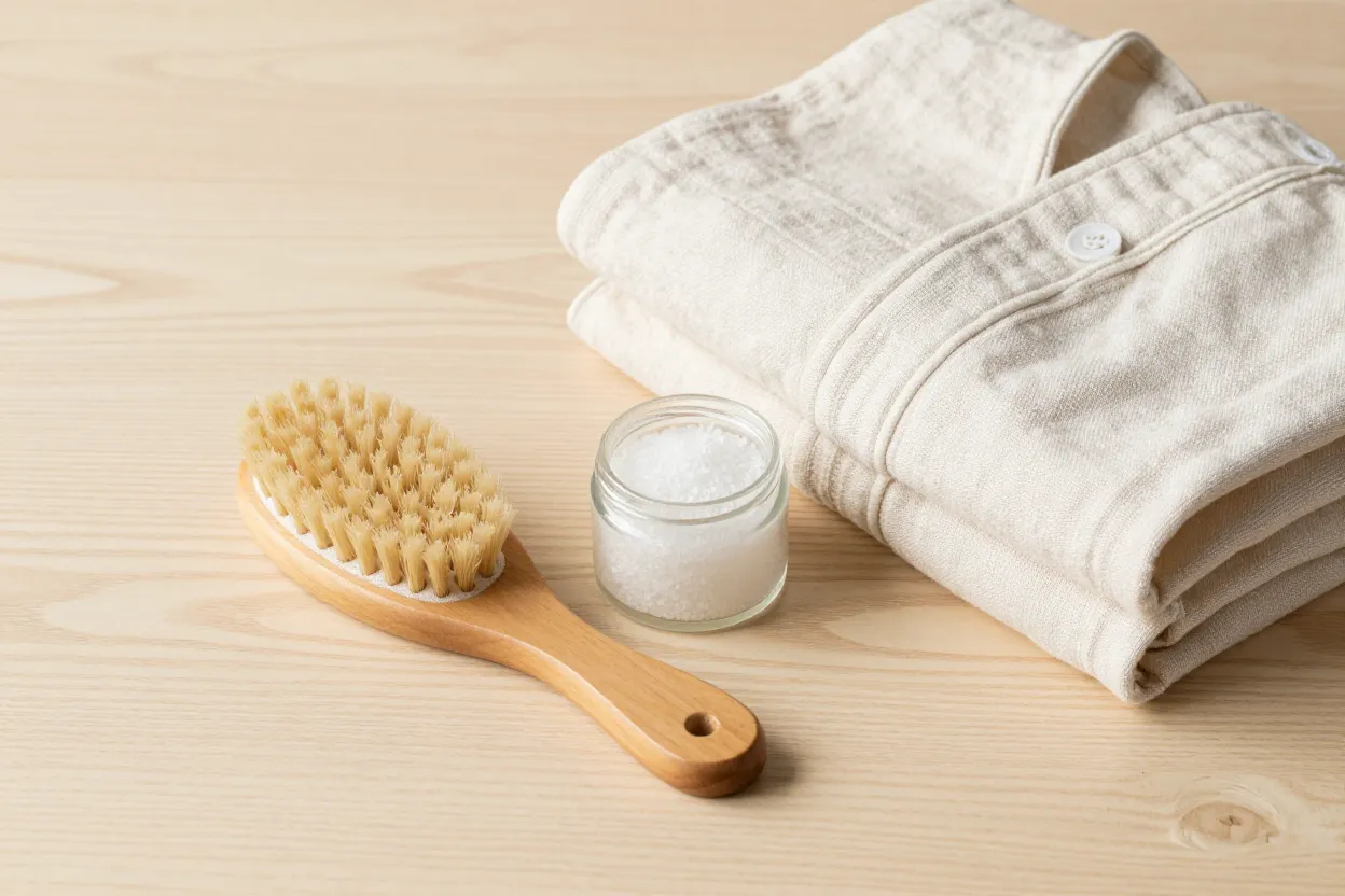 Editorial still-life of a wooden body brush, small jar of bath salts, and folded linen robe on pale oak