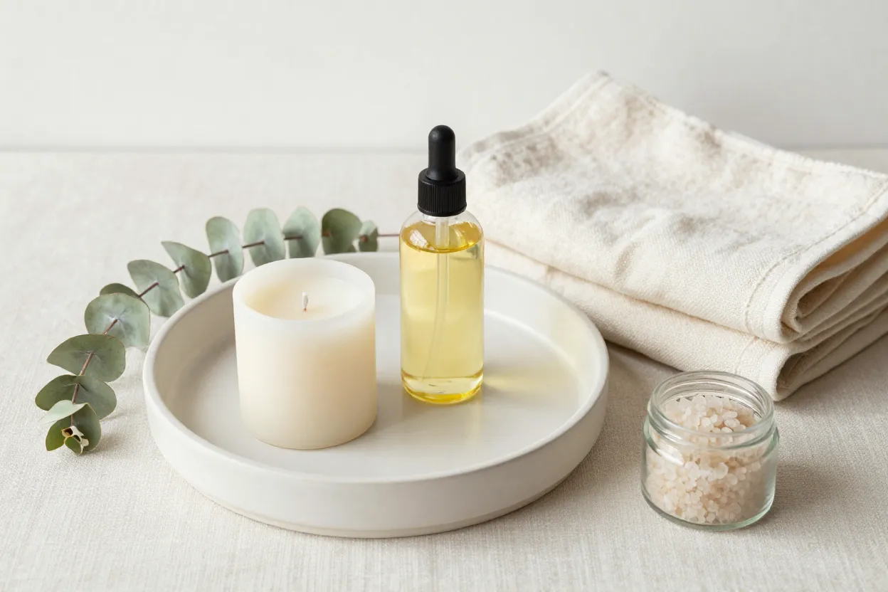 Editorial still-life of a self-care Mother’s Day vignette — ceramic bath tray with candle, glass bottle of bath oil, folded cream linen towel, dried eucalyptus, jar of bath salts