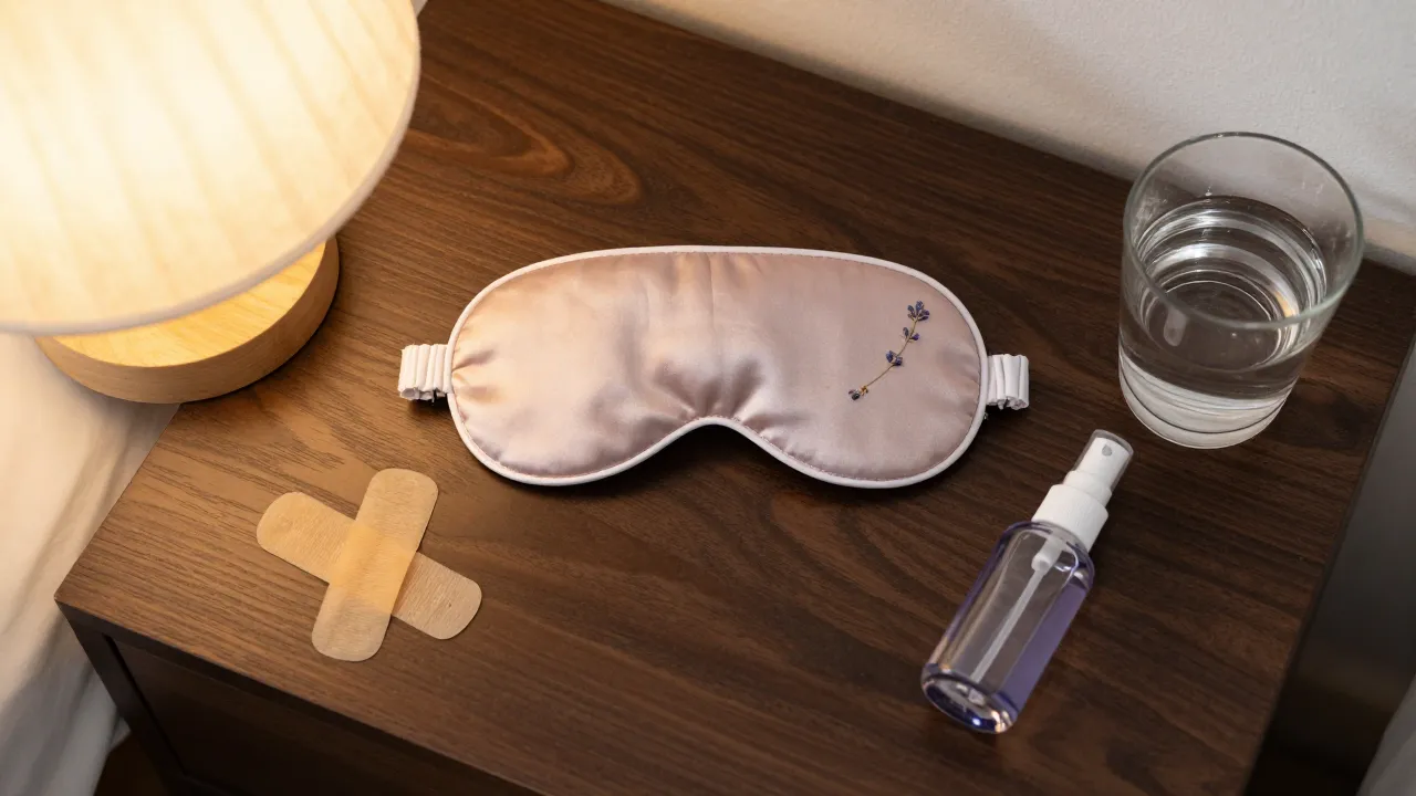 Sleep optimization products on nightstand: silk sleep mask, mouth tape strips, lavender spray, water glass