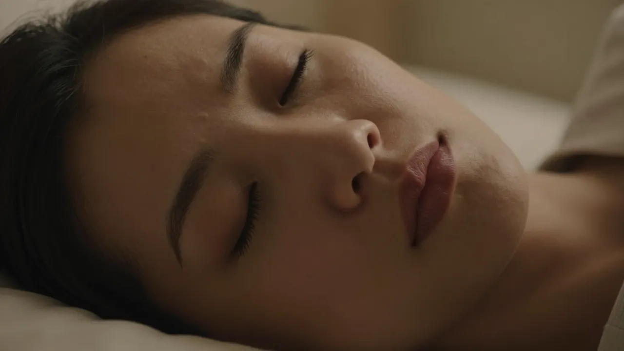 Close-up of person sleeping peacefully with mouth gently closed in warm dim bedroom light