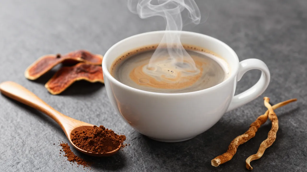 Mushroom coffee latte with brown powder, dried reishi and cordyceps on dark stone surface