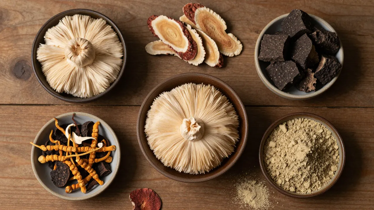 Adaptogenic mushroom flat-lay: dried lion's mane, reishi slices, cordyceps, chaga in ceramic bowls on wood