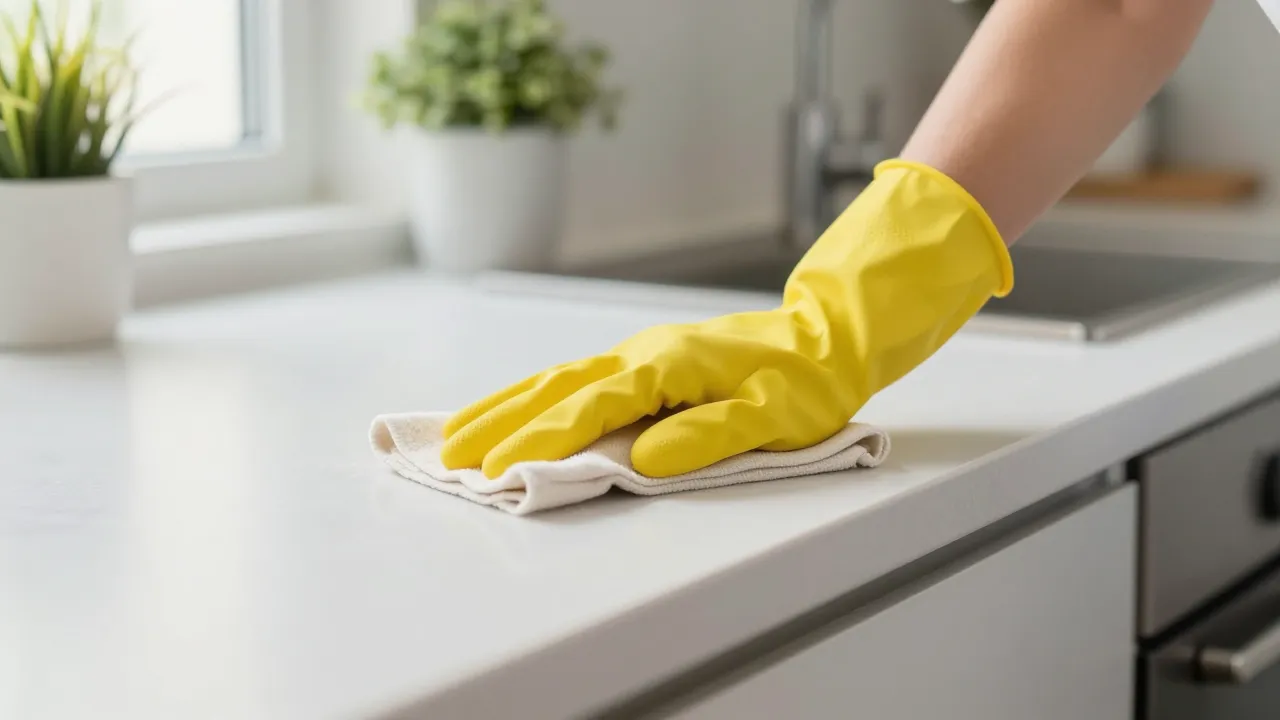 Person in yellow gloves wiping modern white kitchen counter with natural cleaning cloth