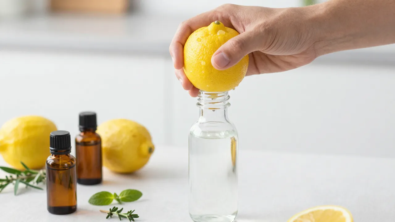 Hands squeezing fresh lemon into glass spray bottle with herbs and essential oil bottles nearby