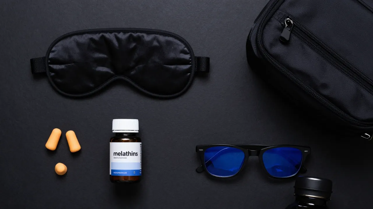 Flat lay of night shift essentials on dark background: blackout mask, earplugs, melatonin, lunch bag, blue light glasses