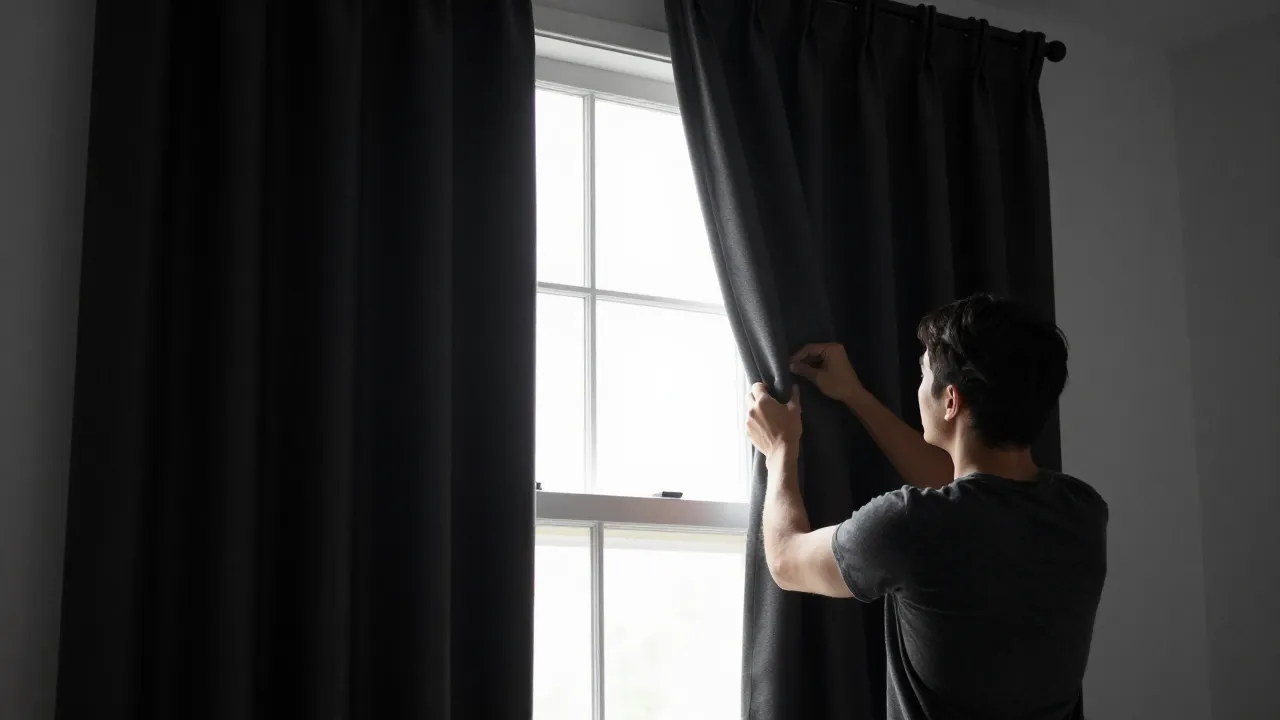 Person installing blackout curtains over bedroom window with bright daylight visible outside