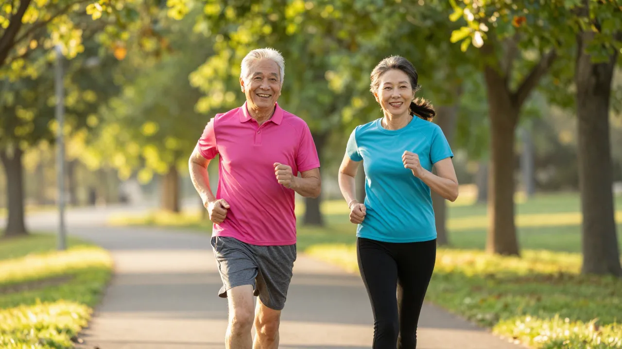Active older couple jogging together on tree-lined trail in golden morning light