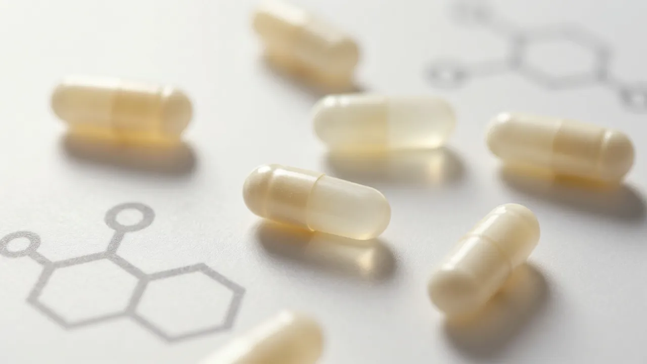 Translucent white supplement capsules on reflective surface with molecular structure shadows