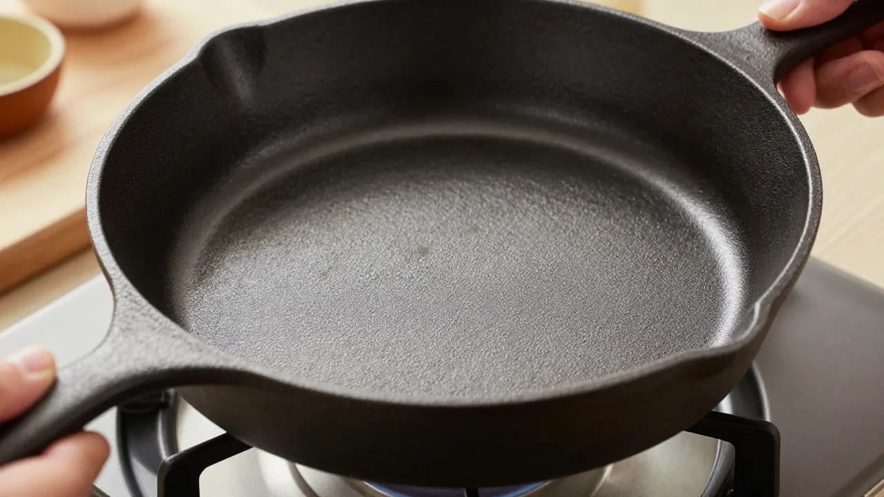 Hand holding heavy cast iron skillet showing smooth cooking surface with warm kitchen background