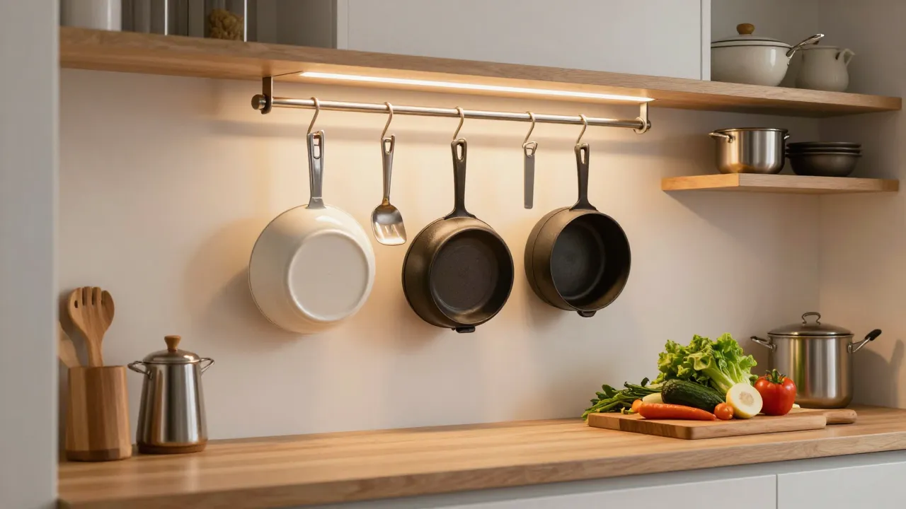 Modern kitchen with ceramic and cast iron cookware on pot rack, stainless pans on shelving, fresh vegetables