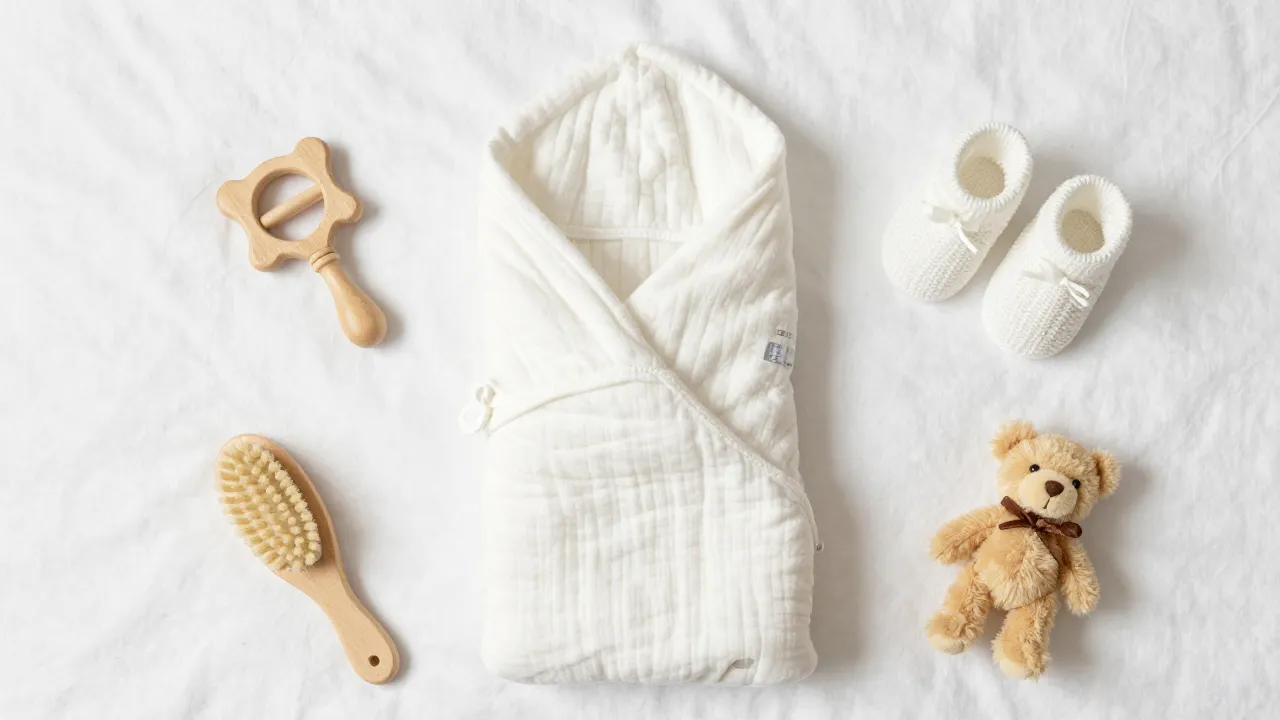 Flat lay of nursery essentials on white blanket: wooden rattle, muslin swaddle, knitted booties, pacifier, brush, teddy