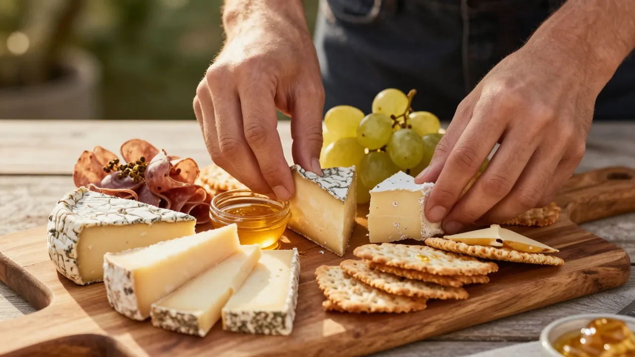 Hands arranging a charcuterie board with artisan cheeses, grapes, and honey on a wooden platter outdoors