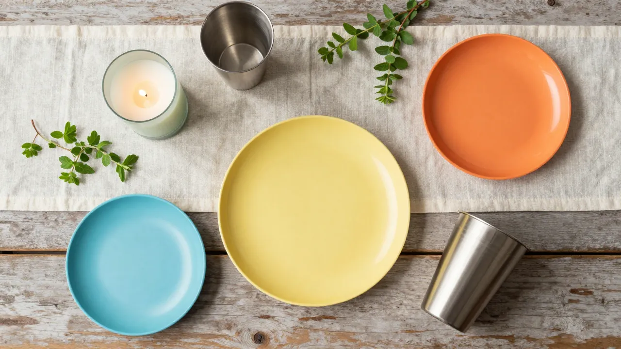 Overhead flat lay of outdoor entertaining essentials: citronella candles, melamine plates, tumblers on teak