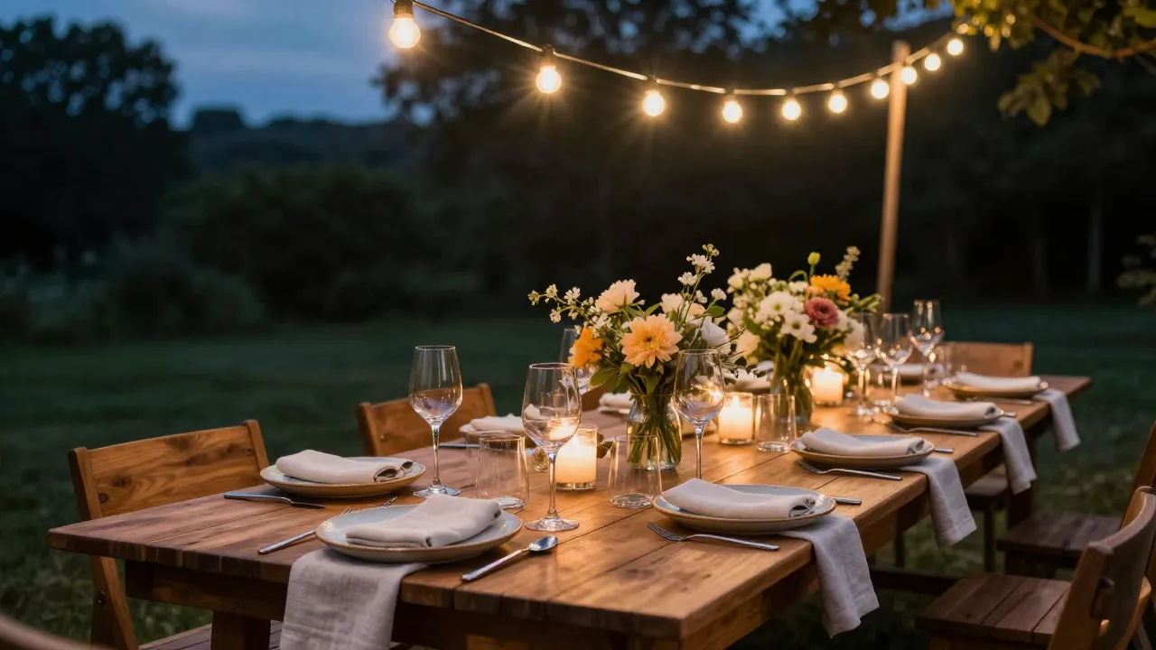 Beautiful outdoor dinner party at dusk with long wooden table, string lights, ceramic plates, and fresh flowers