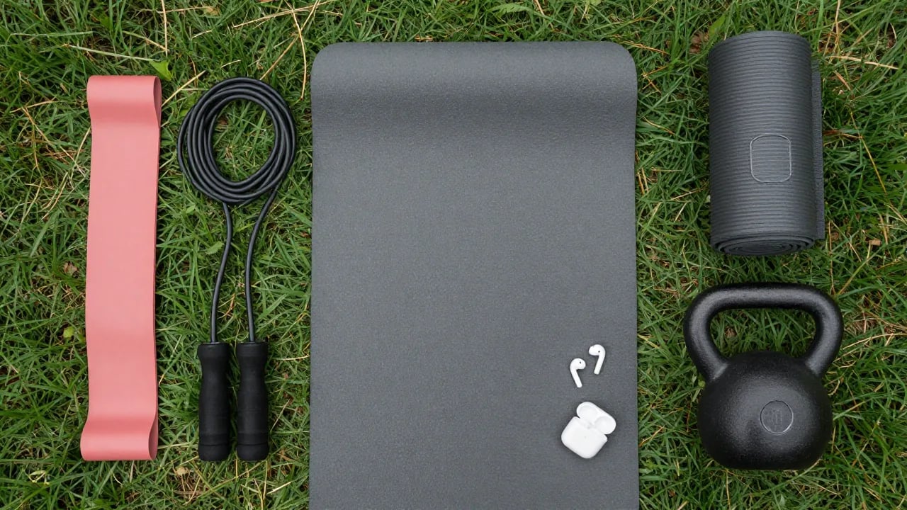 Flat lay of outdoor fitness gear on grass: resistance bands, jump rope, yoga mat, kettlebell, water bottle