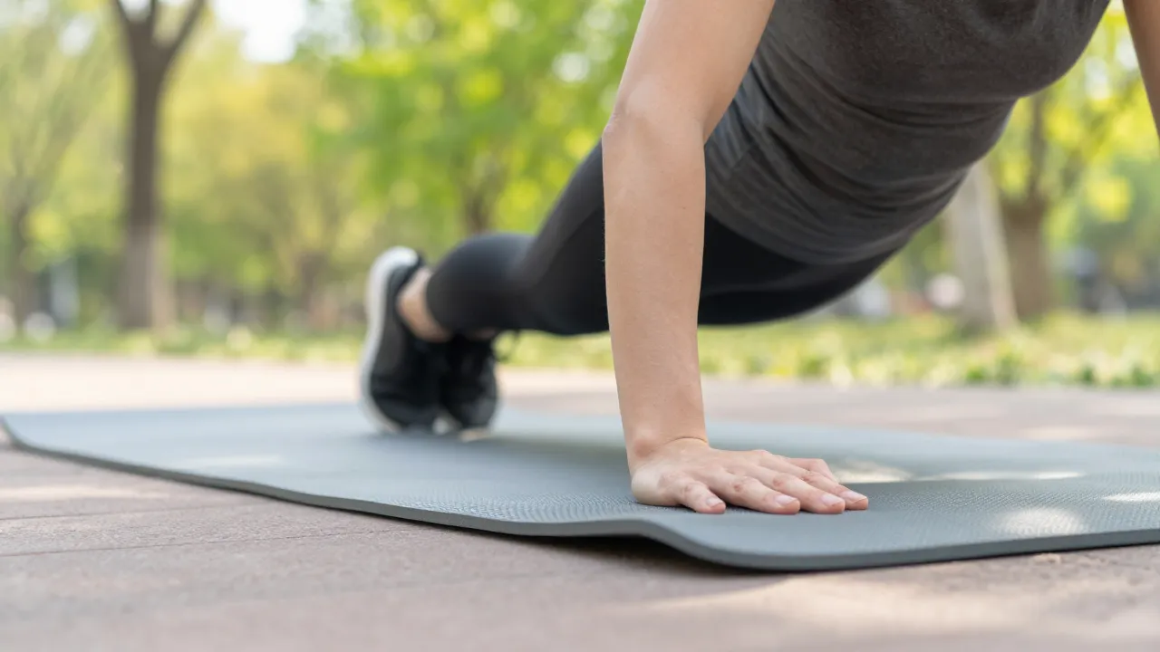 Person doing push-ups on a portable mat in a sunny park with blurred green trees