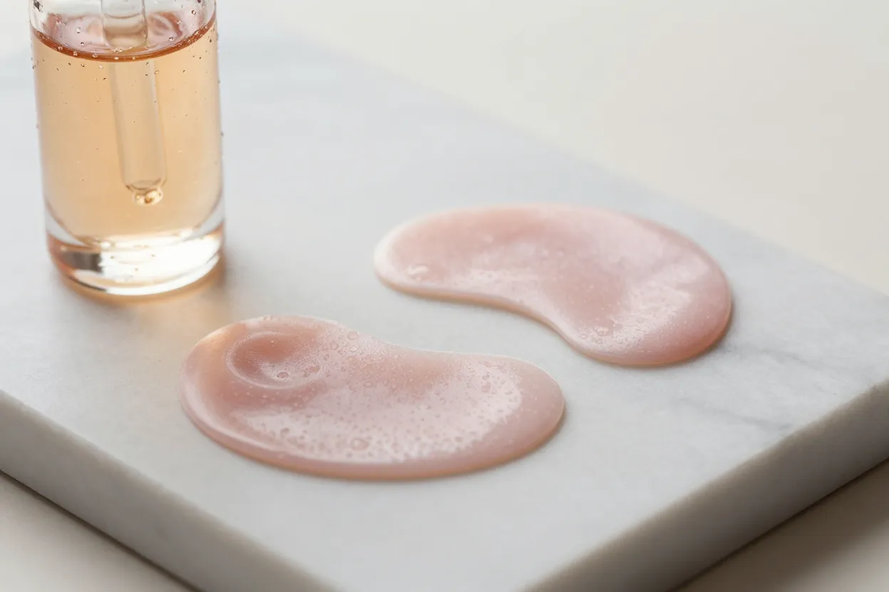Macro close-up of translucent pink hydrogel eye patches on a marble vanity tray beside a crystal dropper bottle with amber serum