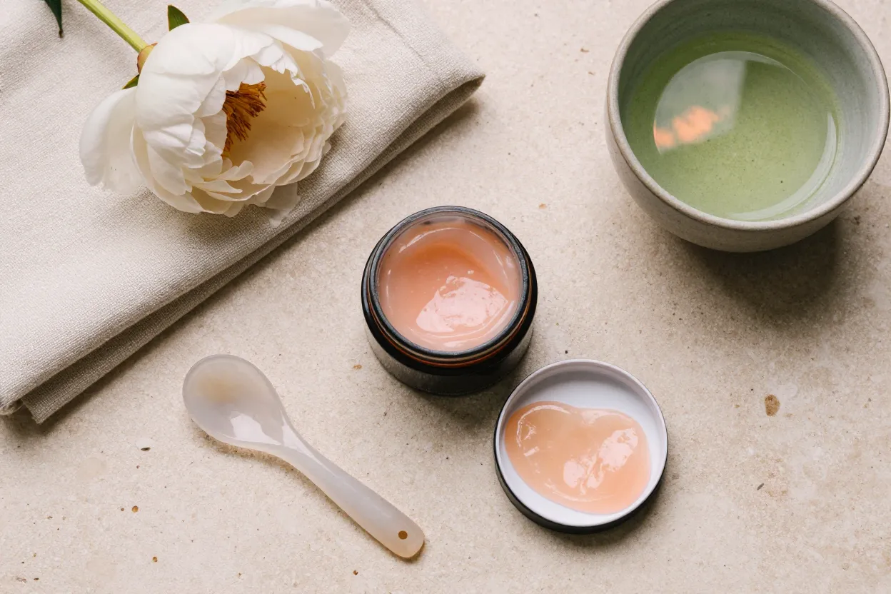 Editorial flat lay of K-beauty eye-patch jars with peach jelly patches, linen cloth, pale peony, and matcha bowl on pink stone