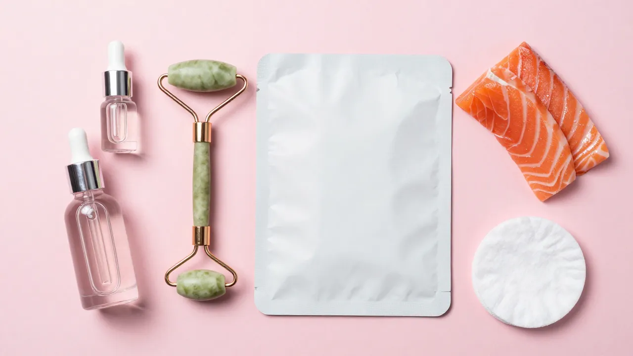 Korean beauty skincare routine flat lay with glass serum bottles, jade roller, and sheet mask on pink surface