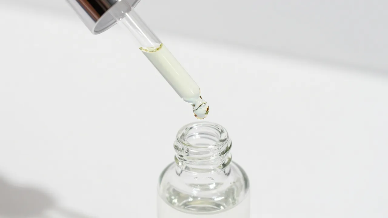 Clear glass dropper bottle with iridescent serum catching rainbow light reflections on white background