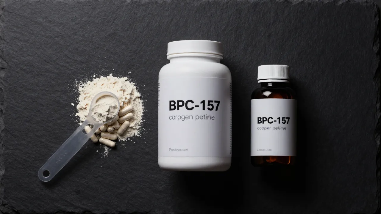 Advanced supplement stack on dark slate: collagen peptide powder, BPC-157 capsules, and measuring scoop