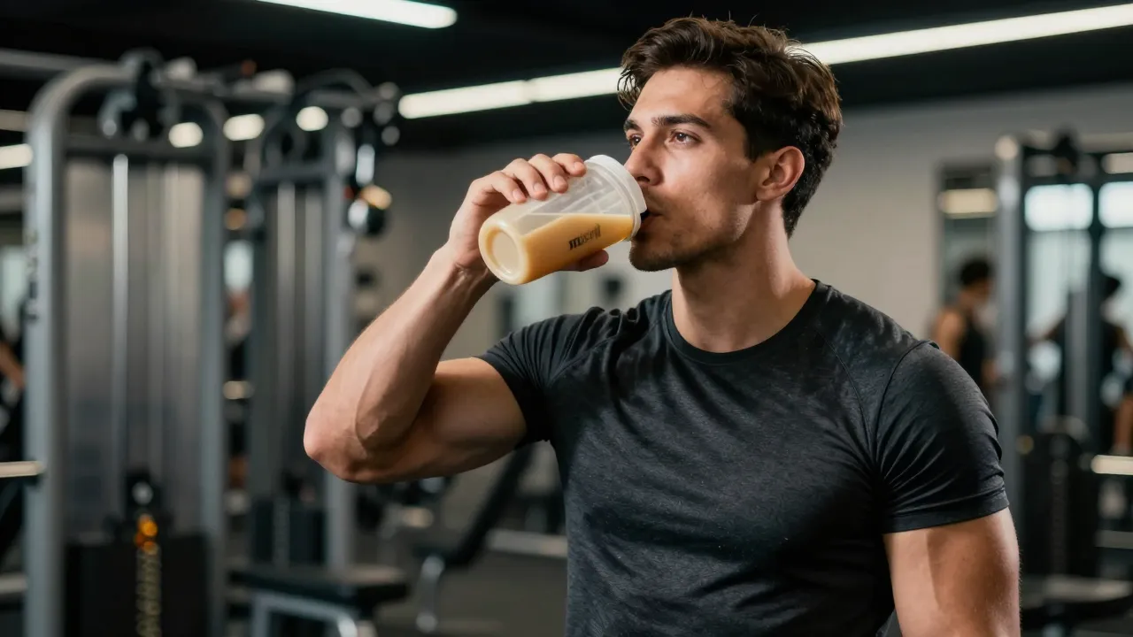 Athletic man drinking protein shake at a gym with modern equipment in blurred background