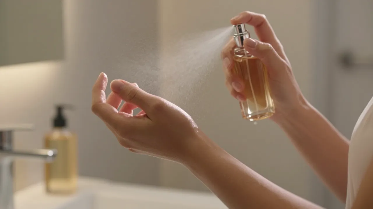Close-up of woman spraying perfume on her wrist with visible mist catching the light