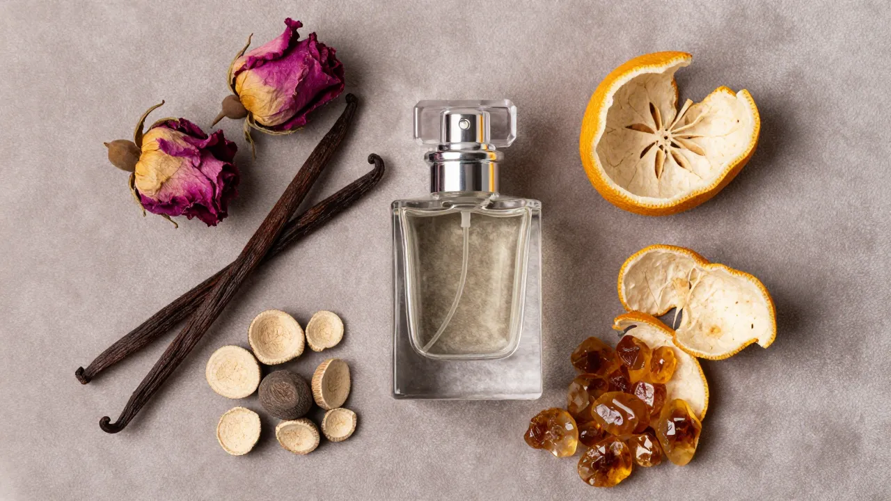 Artistic flat lay of perfume ingredients: dried roses, vanilla beans, sandalwood, bergamot, and amber on velvet