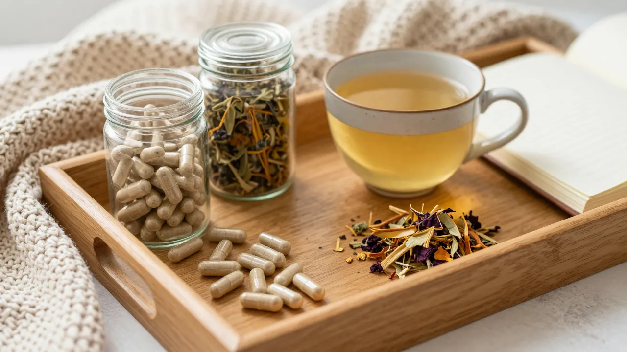 Women's wellness supplements: glass jars of capsules, herbal tea, dried herbs, journal on cozy wooden tray