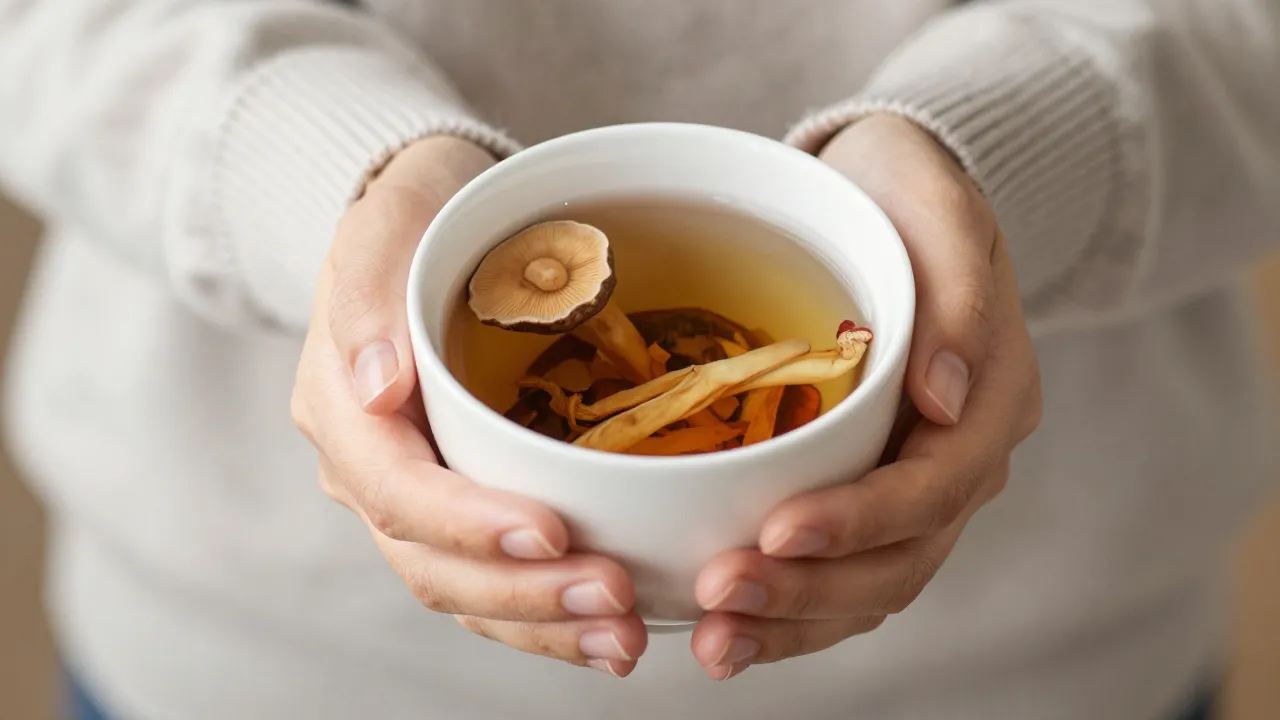 Woman's hands holding warm cup of herbal tea with adaptogenic herbs visible, cozy sweater
