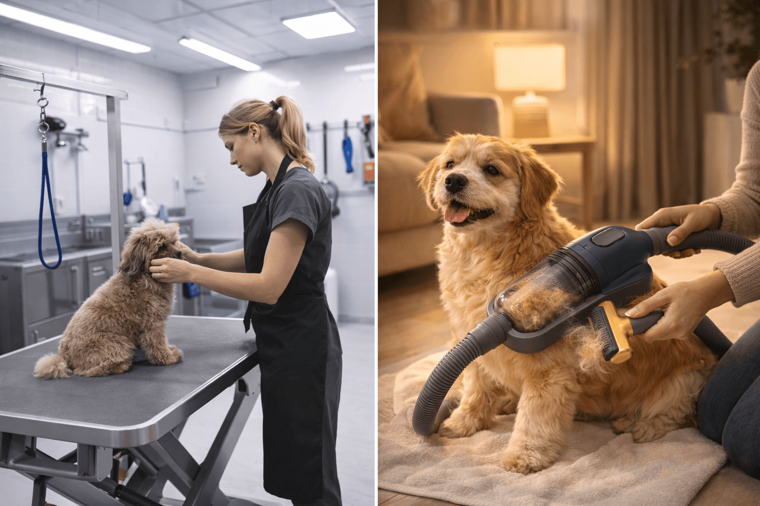 Professional pet grooming salon vs cozy home grooming setup comparison