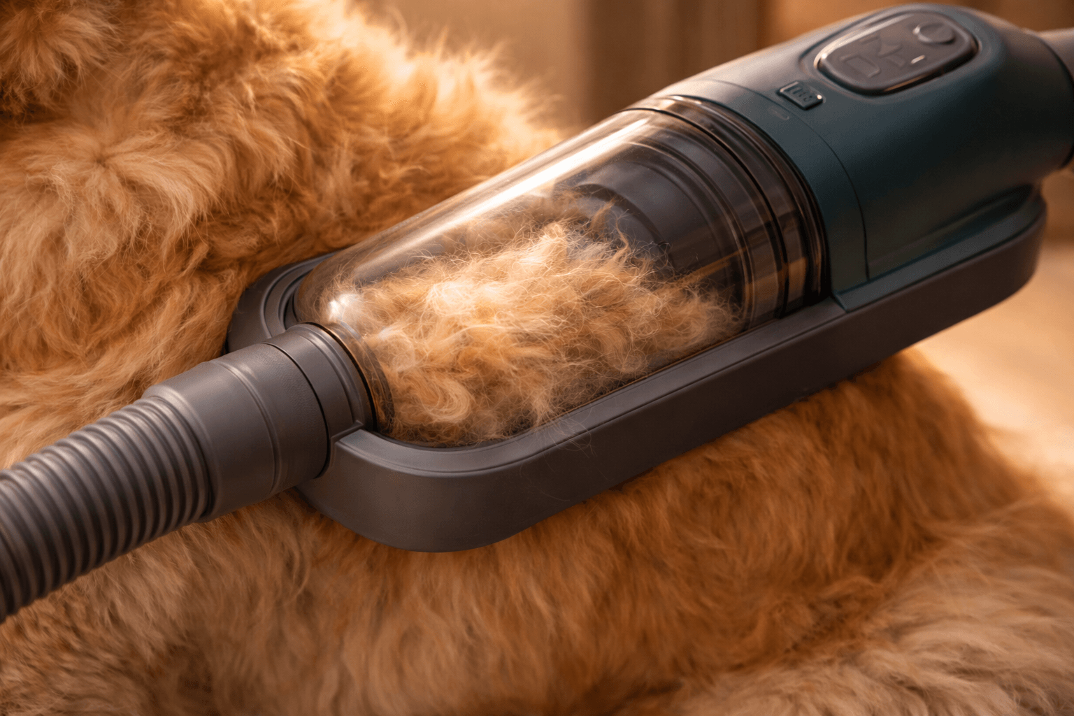Close-up of grooming vacuum collecting pet hair during deshedding session