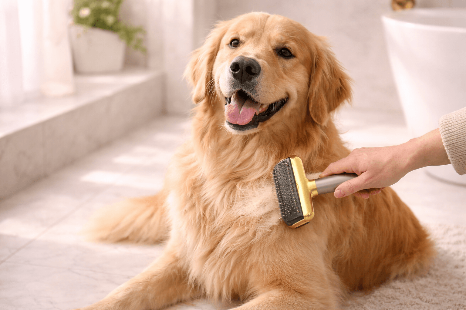 Dog being groomed at home with professional deshedding tools and grooming vacuum