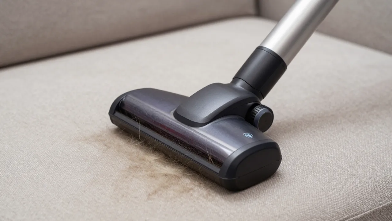Handheld vacuum attachment removing pet fur from upholstered surface showing clean vs dirty contrast