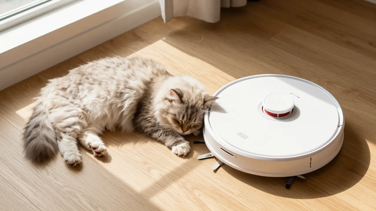 Fluffy cat sleeping next to robot vacuum on hardwood floor in a sunbeam