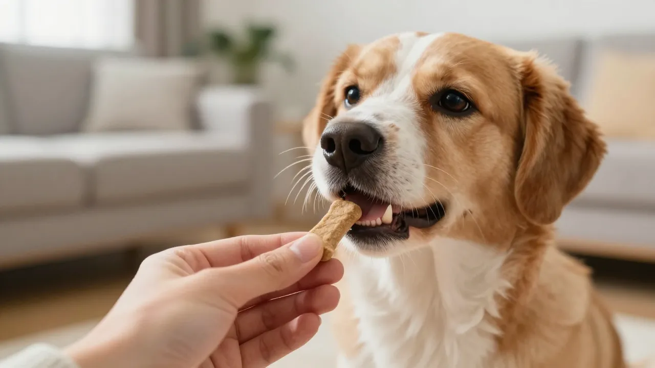 Dog happily eating supplement chew treat from owner's hand in sunny living room
