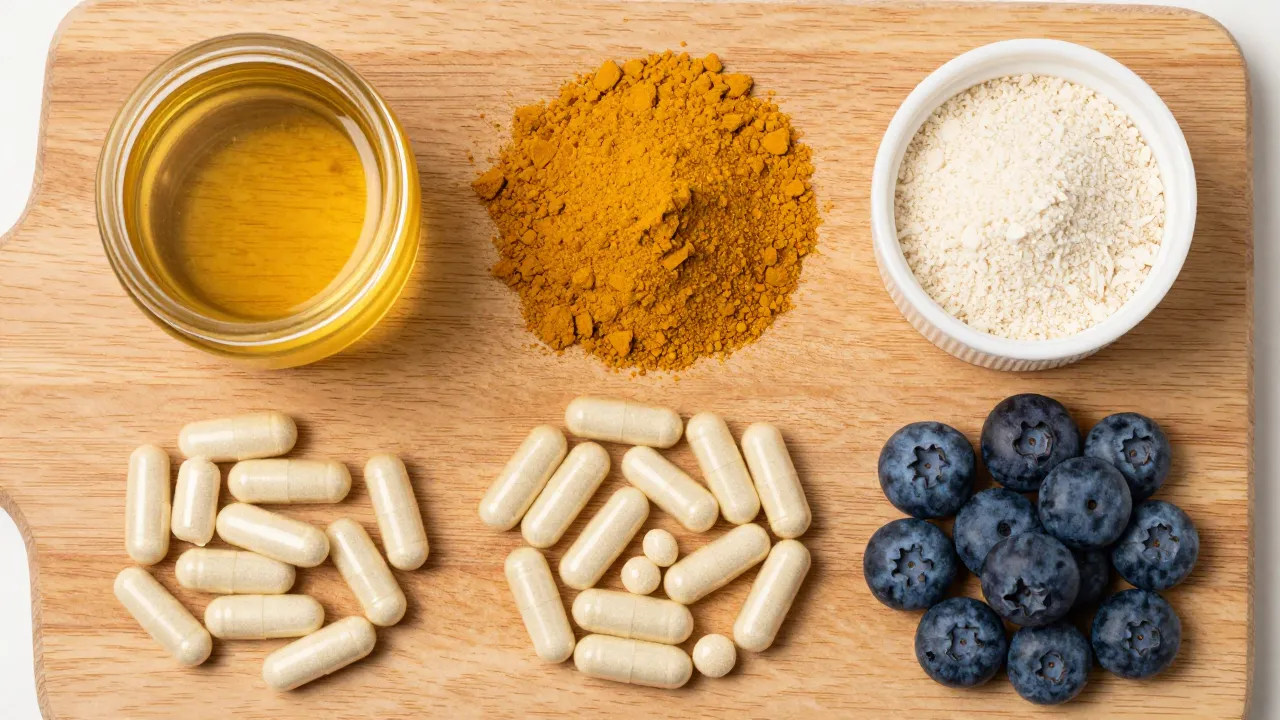 Overhead flat lay of pet supplement ingredients: salmon oil, turmeric, glucosamine, probiotics, blueberries